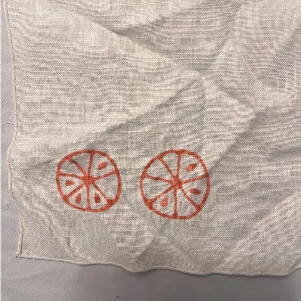 Vintage Linen Cocktail Napkins Orange Wheel Print 15 Square Lot of 2 Table Decor